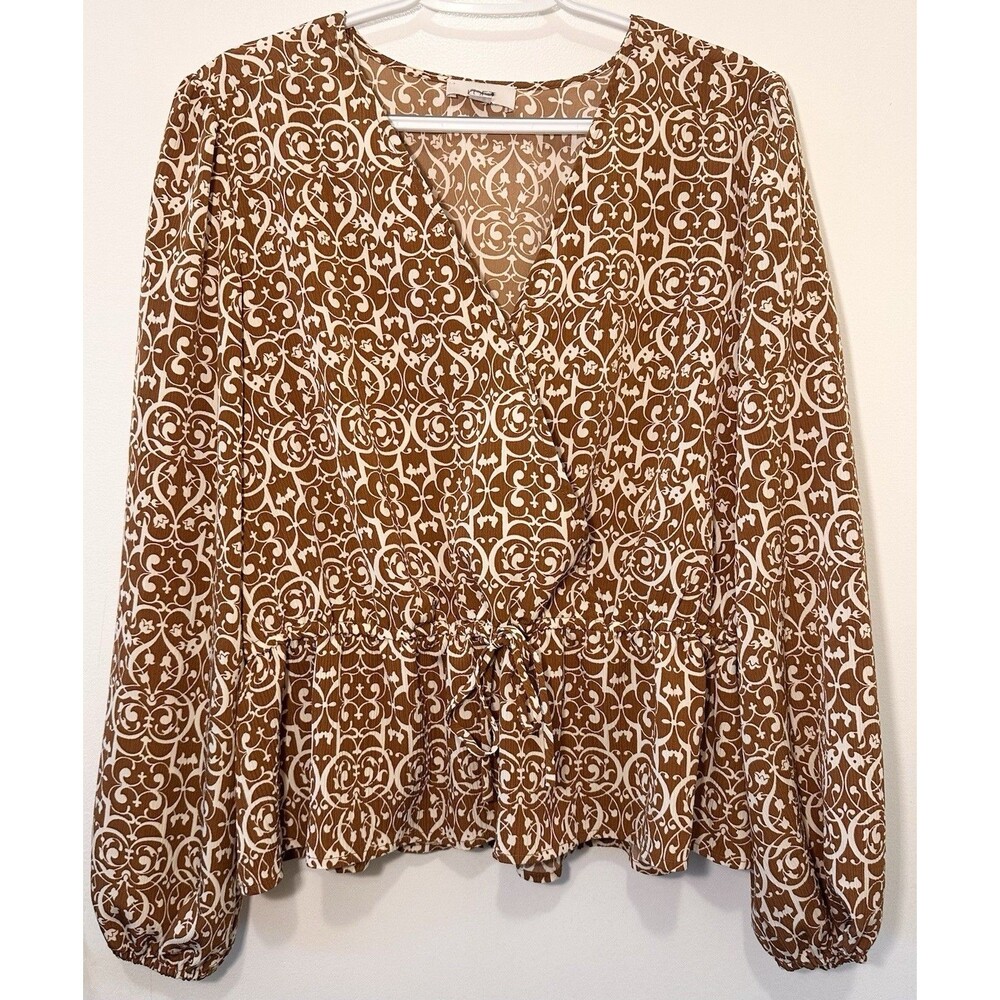 LOFT Brown Ivory Scroll Print Peplum Blouse Women’s Large V-Neck Tie Waist